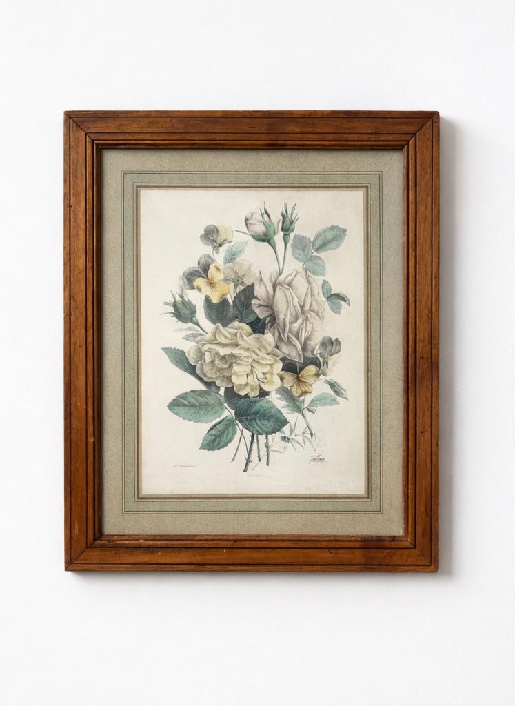Ancienne gravure botanique - "Roses et pensées" avec Cadre en bois